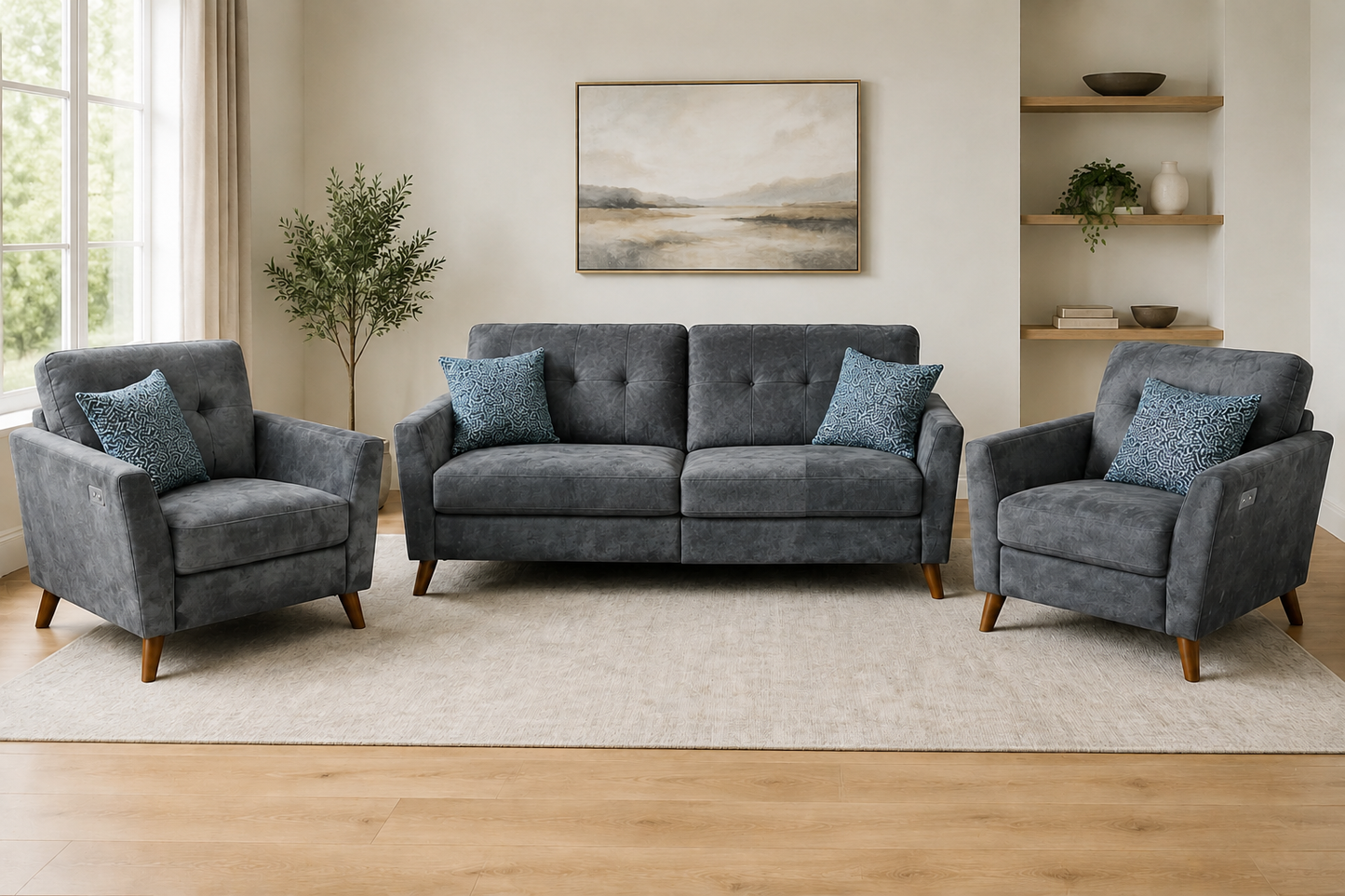 'Angleo' Electric Recliner Grey Plush Velvet Fabric 3 Seater, 2 Seater & Armchair Sofa Set Range | Couch |