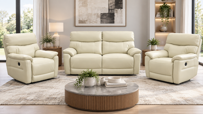 Package Deal! "Prime" Ivory Cream Leather Electric Reclining 2 Seater + 2 Armchairs Sofa Suite Set + USB Ports