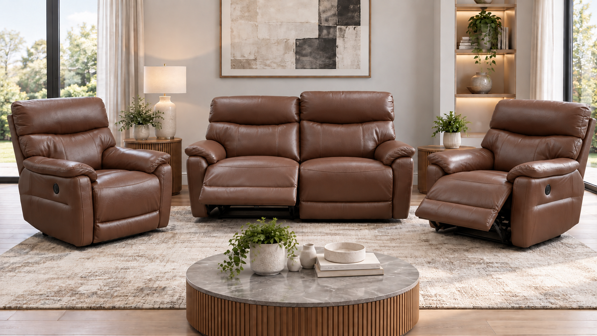 Package Deal! "Prime" Brown Leather Electric Reclining 2 Seater + 2 Armchairs Sofa Suite Set + USB Ports