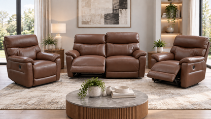 Package Deal! "Prime" Brown Leather Electric Reclining 2 Seater + 2 Armchairs Sofa Suite Set + USB Ports