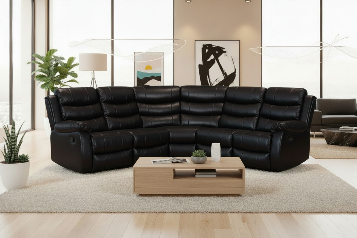 Black Leather 'Lando' 2c2 Recliner Corner Sofa | High Backrest | Built To Fit Any Home | Couch