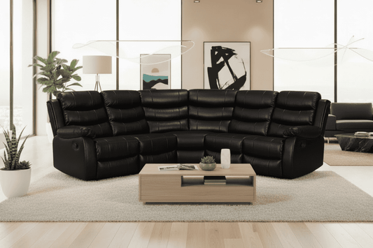 Black Leather 'Lando' 2c2 Recliner Corner Sofa | High Backrest | Built To Fit Any Home | Couch