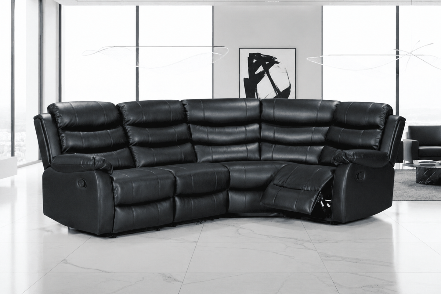 Black Leather 'Lando' 2c1 Reclining Corner Sofa |  Reversible & Modular | High Backrest | Built To Fit Any Home | Couch |
