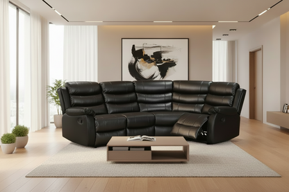 Black Leather 'Lando' 2c1 Reclining Corner Sofa |  Reversible & Modular | High Backrest | Built To Fit Any Home | Couch |