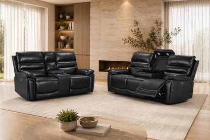 Calisese Black Leather Electric Reclining 3 Seater + 2 Seater With Drinks Console Sofa Range Suite Set With USB Charging Ports & Drop Down Tray Table