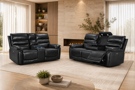 Calisese Black Leather Electric Reclining 3 Seater + 2 Seater With Drinks Console Sofa Range Suite Set With USB Charging Ports & Drop Down Tray Table