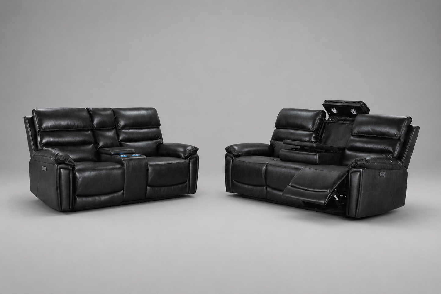 Calisese Black Leather Electric Reclining 3 Seater + 2 Seater With Drinks Console Sofa Range Suite Set With USB Charging Ports & Drop Down Tray Table