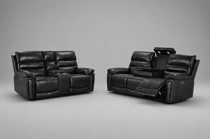 Calisese Black Leather Electric Reclining 3 Seater + 2 Seater With Drinks Console Sofa Range Suite Set With USB Charging Ports & Drop Down Tray Table