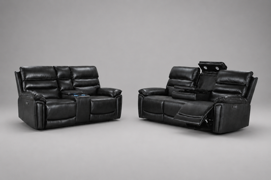 Calisese Black Leather Electric Reclining 3 Seater + 2 Seater With Drinks Console Sofa Range Suite Set With USB Charging Ports & Drop Down Tray Table
