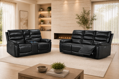 Calisese Black Leather Electric Reclining 3 Seater + 2 Seater With Drinks Console Sofa Range Suite Set With USB Charging Ports & Drop Down Tray Table