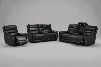Calisese Black Leather Electric Reclining Sofa Range Suite Set With USB Charging Ports & Drop Down Tray Table
