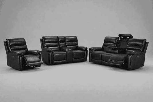THIS WHOLE SET! Calisese Black Leather Electric Reclining 3 Seater + 2 Seater With Drinks Console + Armchair Sofa Set Suite With USB Charging Ports & Drop Down Tray Table