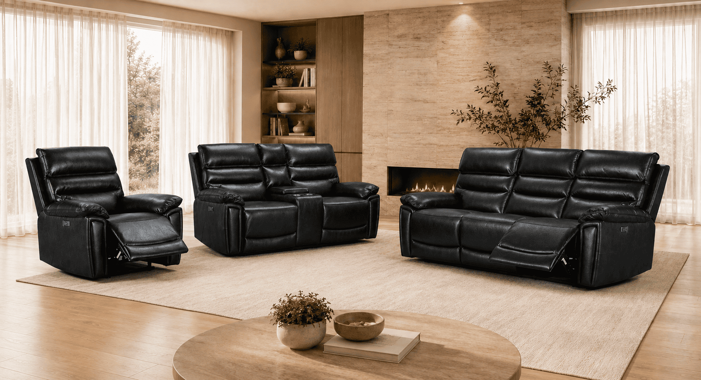 THIS WHOLE SET! Calisese Black Leather Electric Reclining 3 Seater + 2 Seater With Drinks Console + Armchair Sofa Set Suite With USB Charging Ports & Drop Down Tray Table