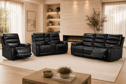 THIS WHOLE SET! Calisese Black Leather Electric Reclining 3 Seater + 2 Seater With Drinks Console + Armchair Sofa Set Suite With USB Charging Ports & Drop Down Tray Table