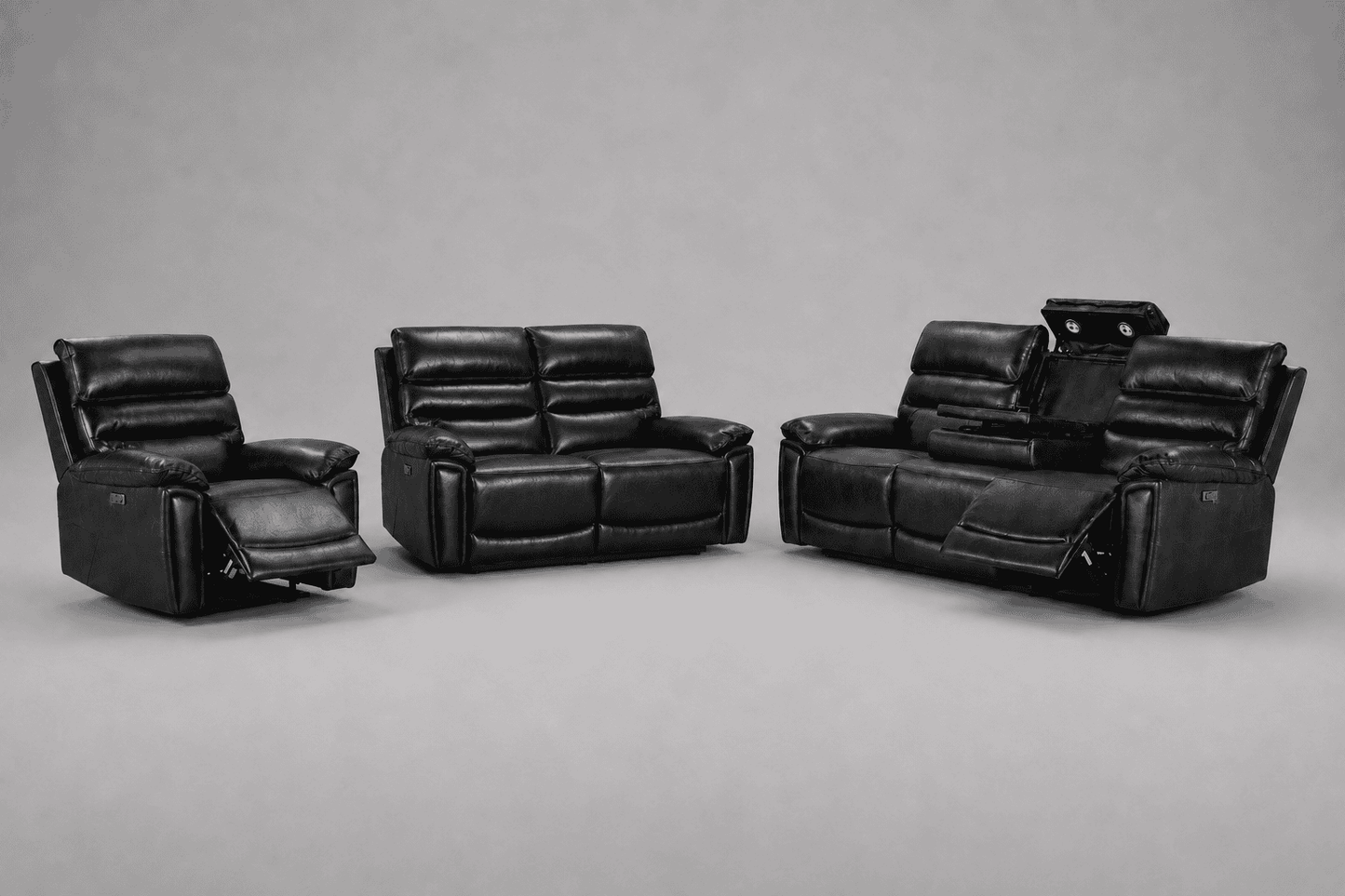BUNDLE DEAL! Calisese Black Leather Electric Reclining 3 Seater + 2 Seater + Armchair Sofa Set With USB Charging Ports & Drop Down Tray Table