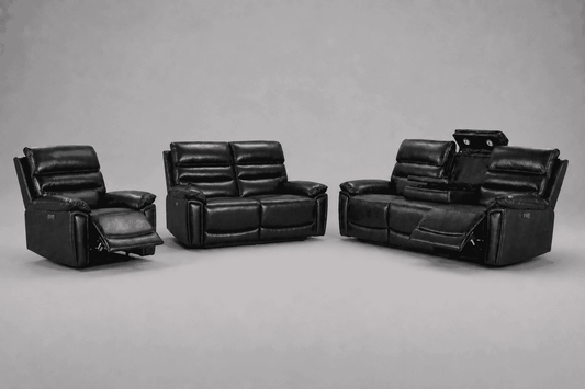 BUNDLE DEAL! Calisese Black Leather Electric Reclining 3 Seater + 2 Seater + Armchair Sofa Set With USB Charging Ports & Drop Down Tray Table