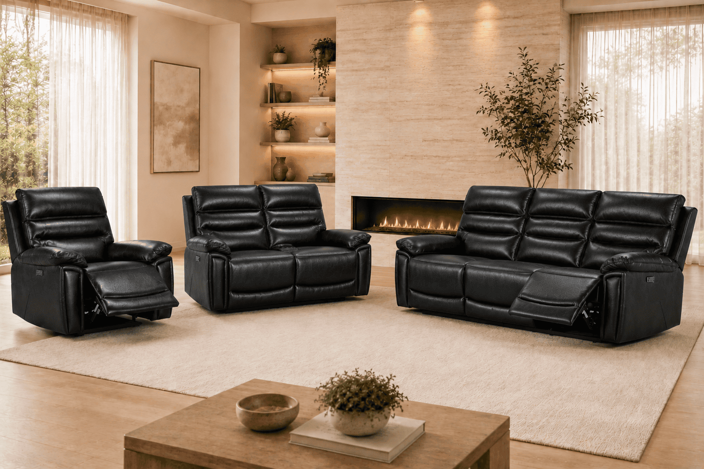 BUNDLE DEAL! Calisese Black Leather Electric Reclining 3 Seater + 2 Seater + Armchair Sofa Set With USB Charging Ports & Drop Down Tray Table