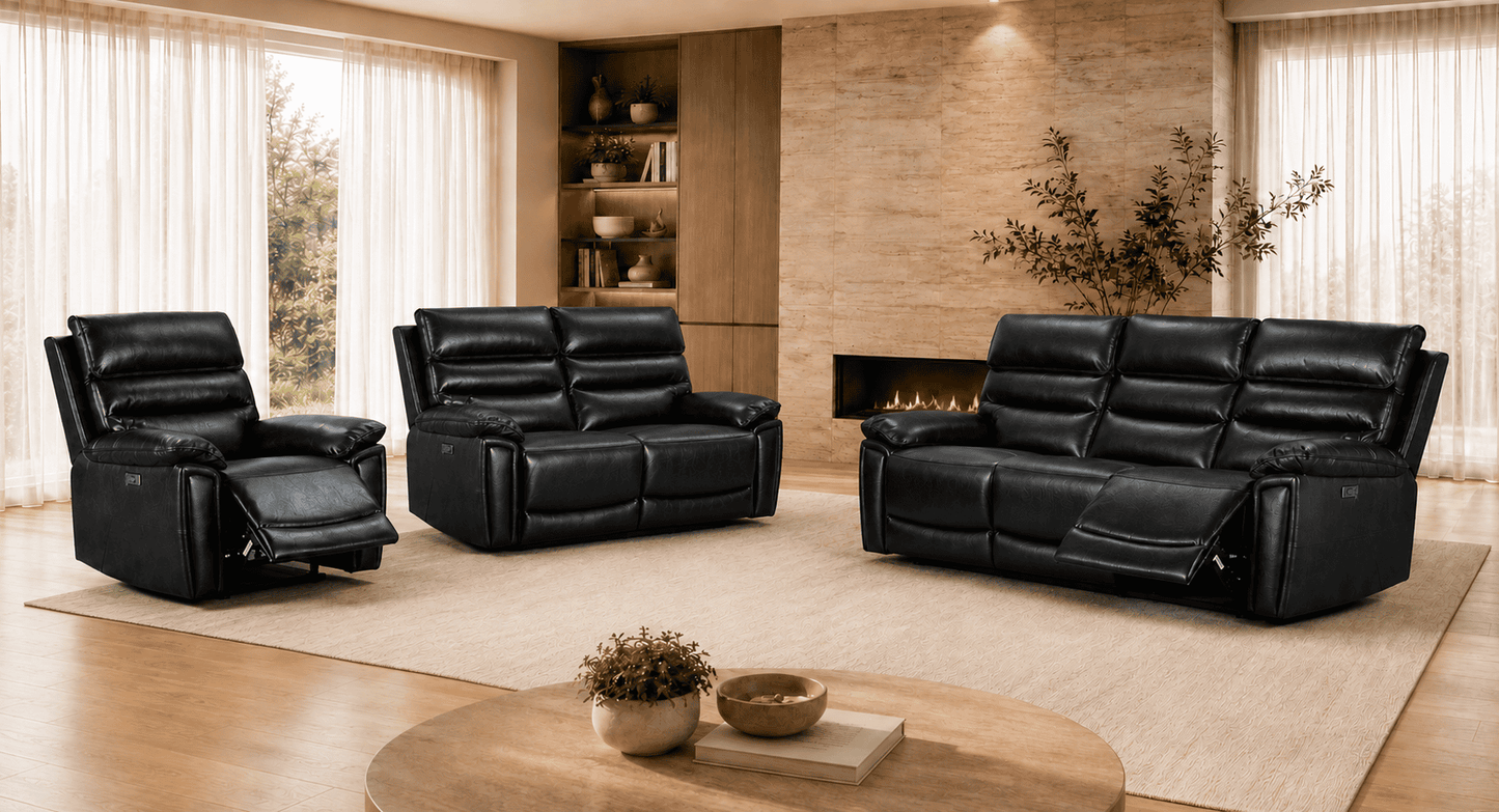 BUNDLE DEAL! Calisese Black Leather Electric Reclining 3 Seater + 2 Seater + Armchair Sofa Set With USB Charging Ports & Drop Down Tray Table