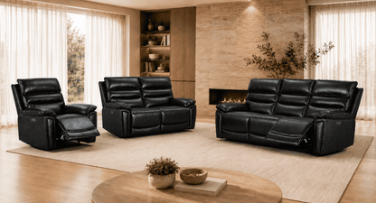 BUNDLE DEAL! Calisese Black Leather Electric Reclining 3 Seater + 2 Seater + Armchair Sofa Set With USB Charging Ports & Drop Down Tray Table