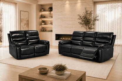 Calisese Black Leather Electric Reclining 3 Seater + 2 Seater Sofa Set With USB Charging Ports & Drop Down Tray Table