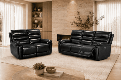 Calisese Black Leather Electric Reclining 3 Seater + 2 Seater Sofa Set With USB Charging Ports & Drop Down Tray Table