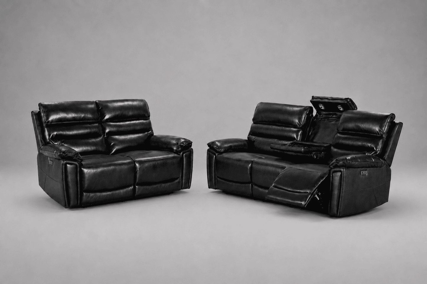 Calisese Black Leather Electric Reclining 3 Seater + 2 Seater Sofa Set With USB Charging Ports & Drop Down Tray Table