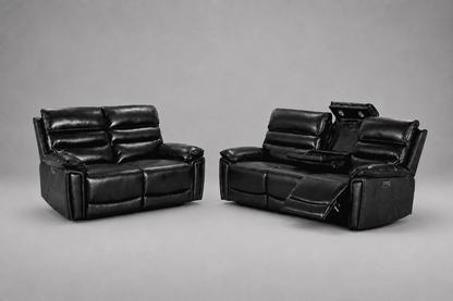 Calisese Black Leather Electric Reclining 3 Seater + 2 Seater Sofa Set With USB Charging Ports & Drop Down Tray Table