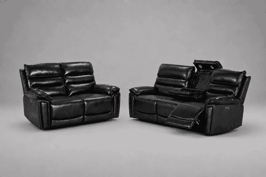 Calisese Black Leather Electric Reclining Sofa Range Suite Set With USB Charging Ports & Drop Down Tray Table