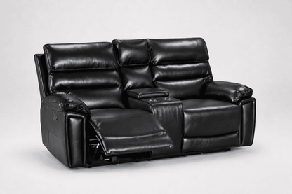 Calisese Black Leather Electric Reclining Sofa Range Suite Set With USB Charging Ports & Drop Down Tray Table
