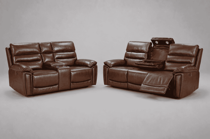 Calisese Brown Leather Electric Reclining 3 Seater + 2 Seater With Console Sofa Set With USB Charging Ports & Drop Down Tray Table