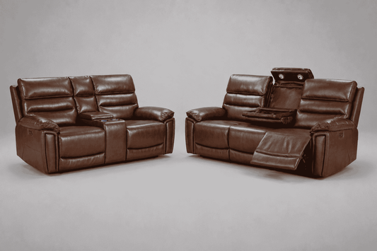Calisese Brown Leather Electric Reclining Sofa Range Suite Set With USB Charging Ports & Drop Down Tray Table
