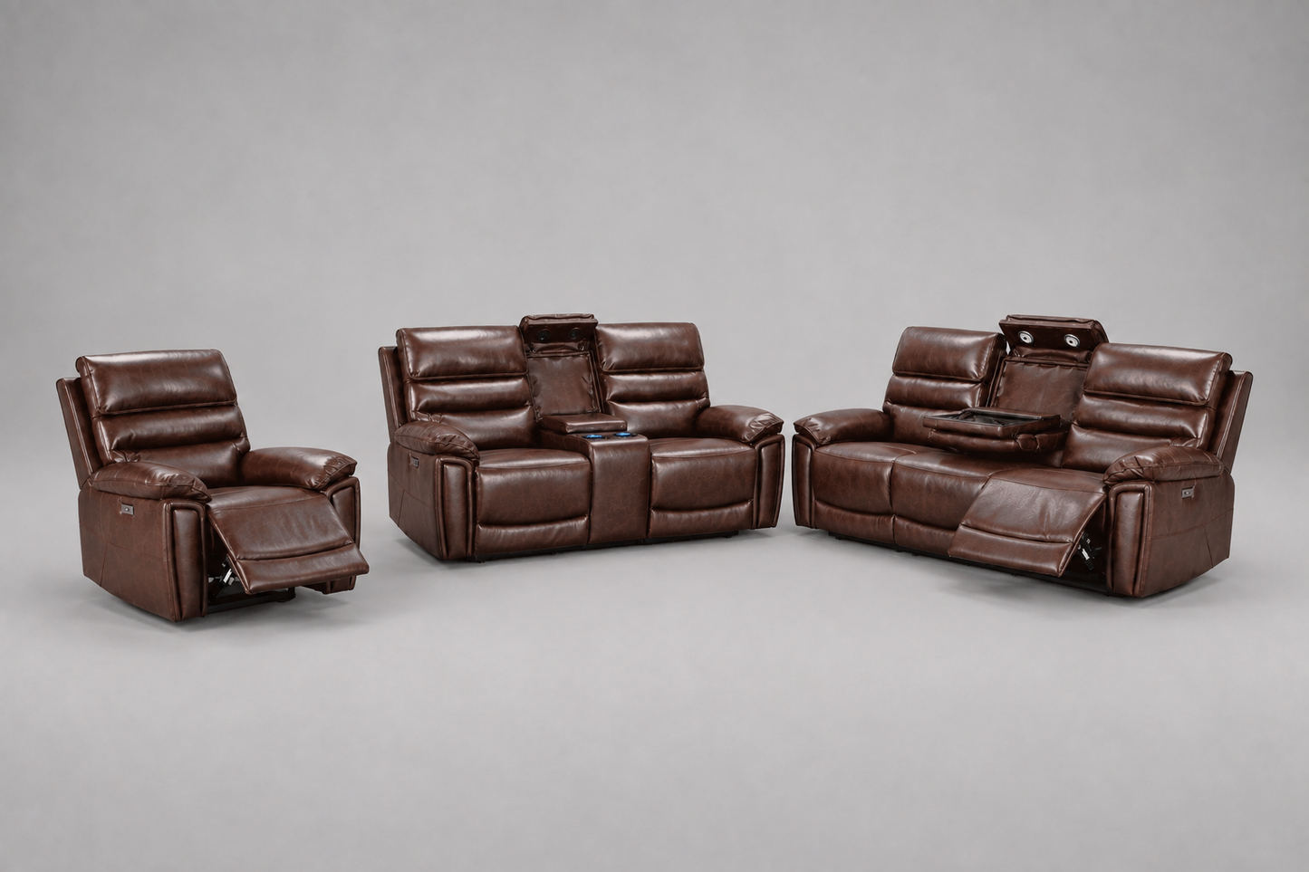 BUNDLE DEAL! Calisese Brown Leather Electric Reclining 3 Seater + 2 Seater With Drinks Console + Armchair Sofa Range Suite Set With USB Charging Ports & Drop Down Tray Table