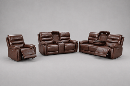 BUNDLE DEAL! Calisese Brown Leather Electric Reclining 3 Seater + 2 Seater With Drinks Console + Armchair Sofa Range Suite Set With USB Charging Ports & Drop Down Tray Table