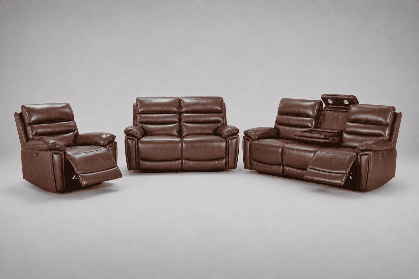 Calisese Brown Leather Electric Reclining Sofa 3 Seater + 2 Seater + Armchair Set Suite With USB Charging Ports & Drop Down Tray Table