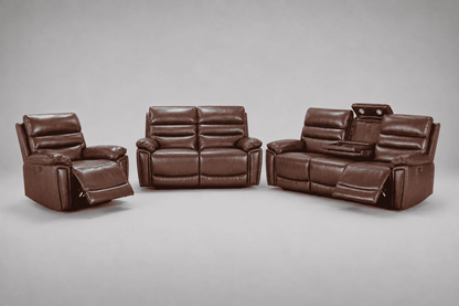 Calisese Brown Leather Electric Reclining Sofa 3 Seater + 2 Seater + Armchair Set Suite With USB Charging Ports & Drop Down Tray Table
