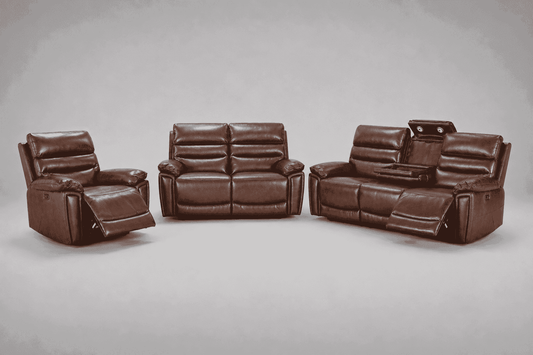 Calisese Brown Leather Electric Reclining Sofa 3 Seater + 2 Seater + Armchair Set Suite With USB Charging Ports & Drop Down Tray Table