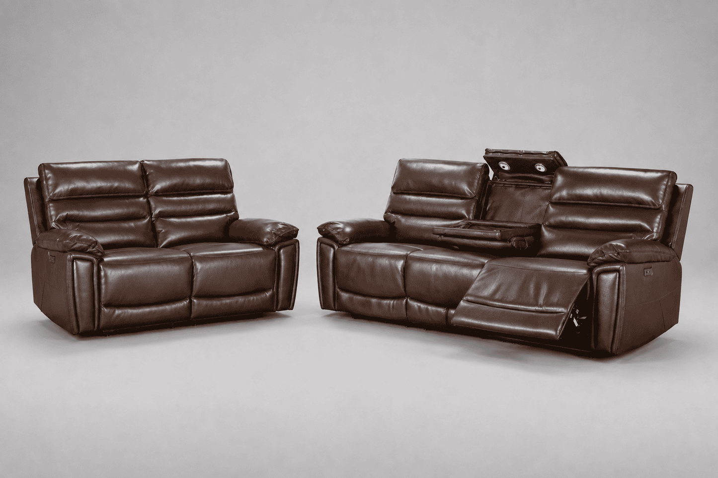 Calisese Brown Leather Electric Reclining Sofa Range Suite Set With USB Charging Ports & Drop Down Tray Table