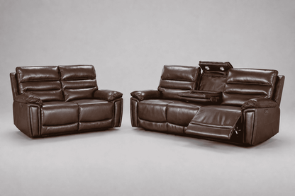Calisese Brown Leather Electric Reclining Sofa Range Suite Set With USB Charging Ports & Drop Down Tray Table