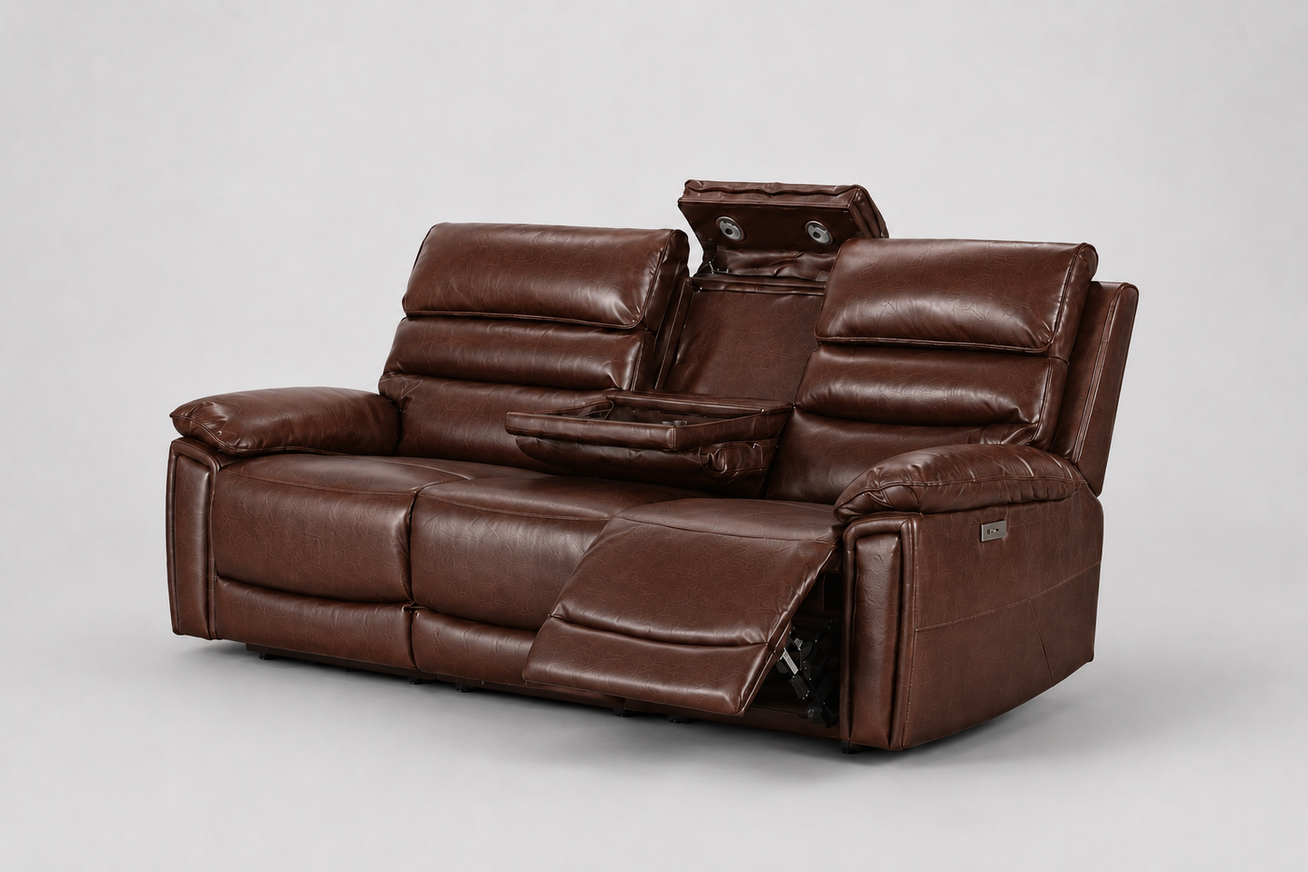 BUNDLE DEAL! Calisese Brown Leather Electric Reclining 3 Seater + 2 Seater With Drinks Console + Armchair Sofa Range Suite Set With USB Charging Ports & Drop Down Tray Table