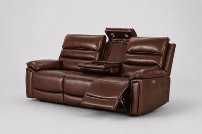 BUNDLE DEAL! Calisese Brown Leather Electric Reclining 3 Seater + 2 Seater With Drinks Console + Armchair Sofa Range Suite Set With USB Charging Ports & Drop Down Tray Table