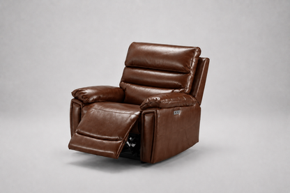 BUNDLE DEAL! Calisese Brown Leather Electric Reclining 3 Seater + 2 Seater With Drinks Console + Armchair Sofa Range Suite Set With USB Charging Ports & Drop Down Tray Table