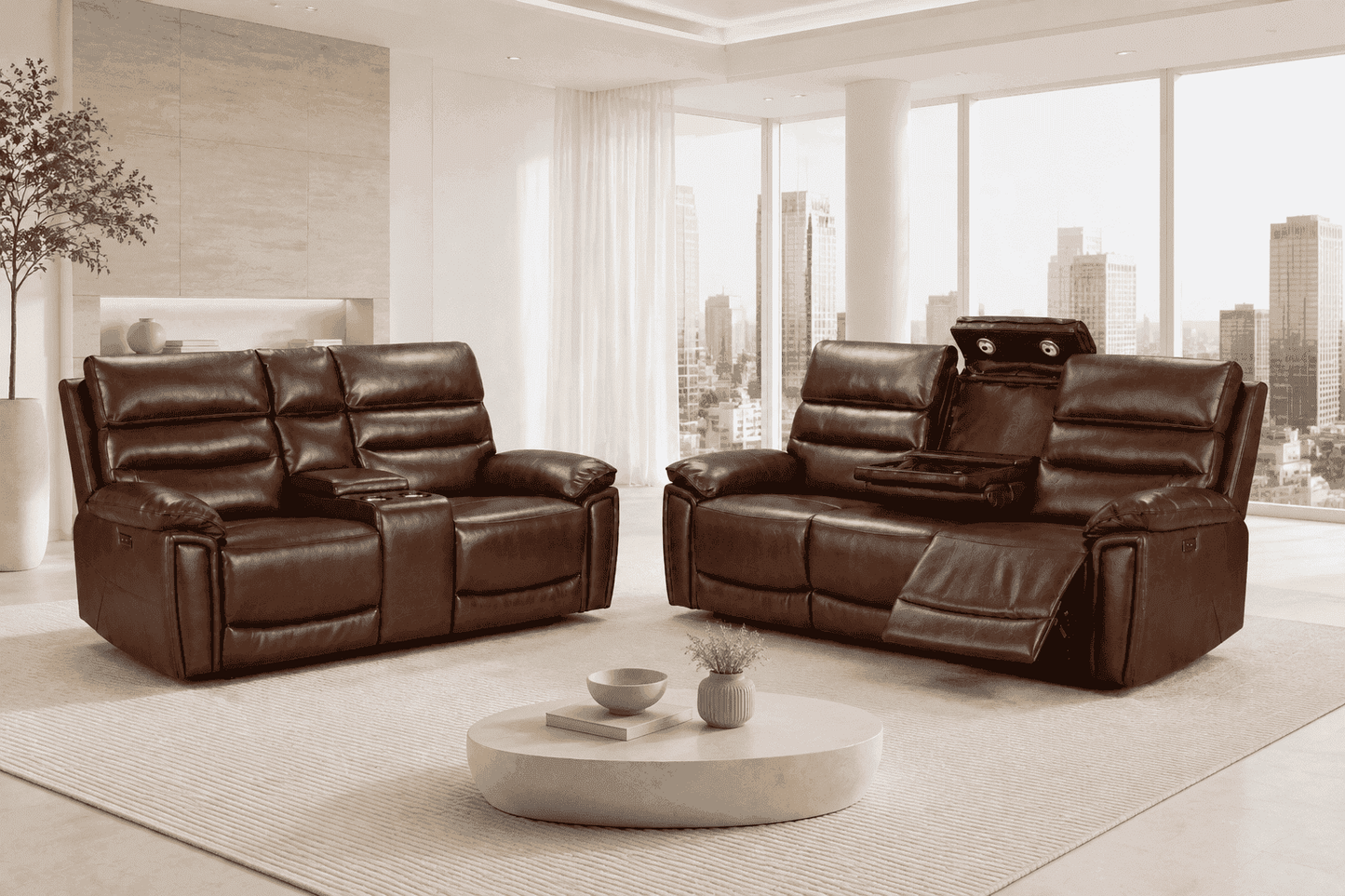 Calisese Brown Leather Electric Reclining 3 Seater + 2 Seater With Console Sofa Set With USB Charging Ports & Drop Down Tray Table