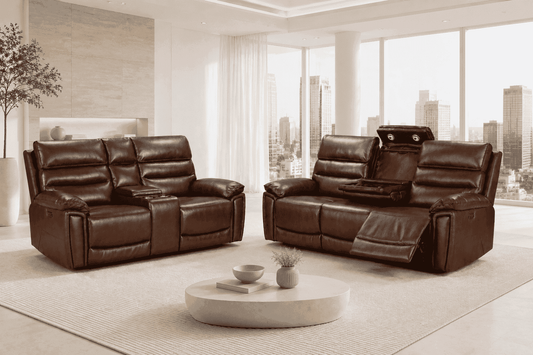Calisese Brown Leather Electric Reclining Sofa Range Suite Set With USB Charging Ports & Drop Down Tray Table