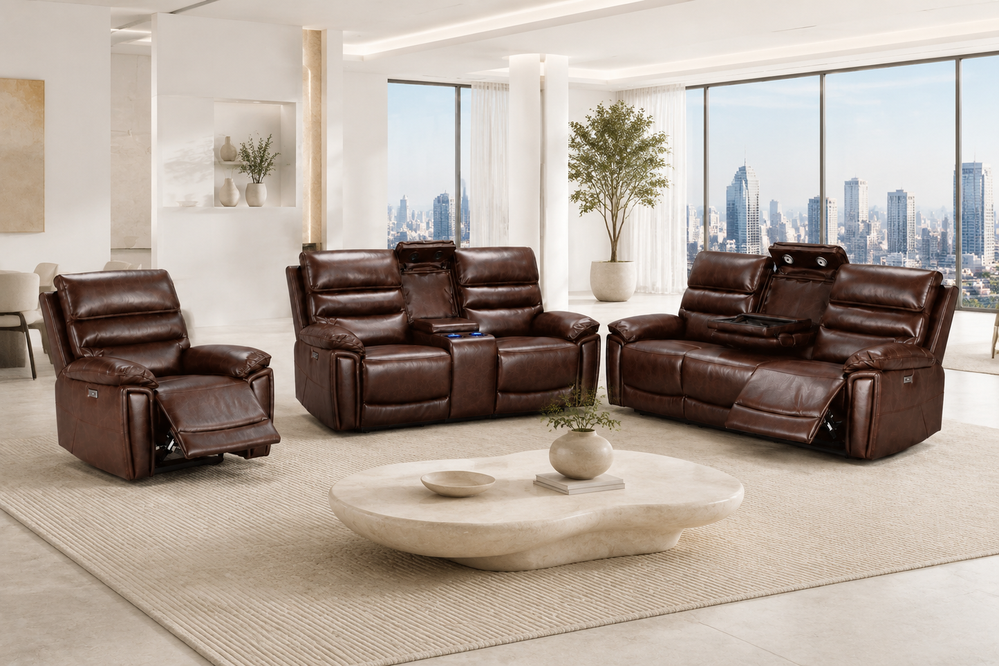 BUNDLE DEAL! Calisese Brown Leather Electric Reclining 3 Seater + 2 Seater With Drinks Console + Armchair Sofa Range Suite Set With USB Charging Ports & Drop Down Tray Table