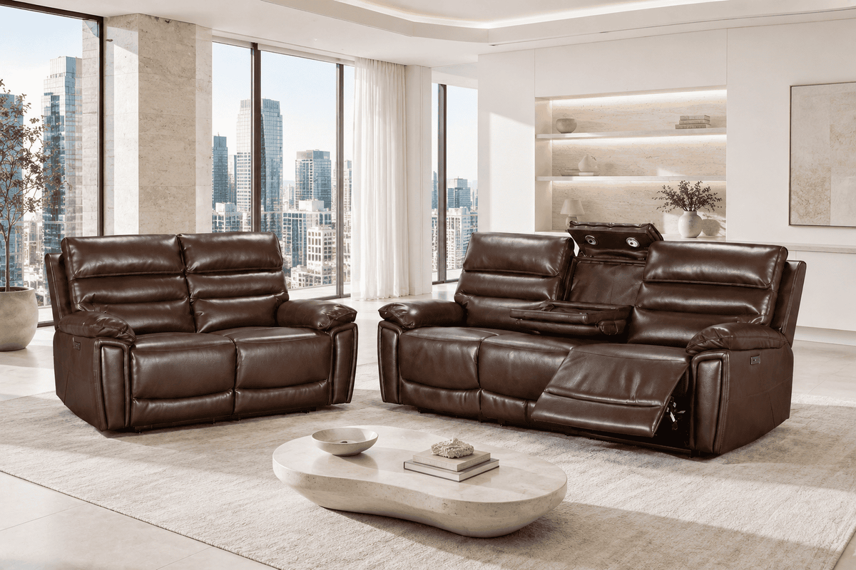 Calisese Brown Leather Electric Reclining Sofa Range Suite Set With USB Charging Ports & Drop Down Tray Table