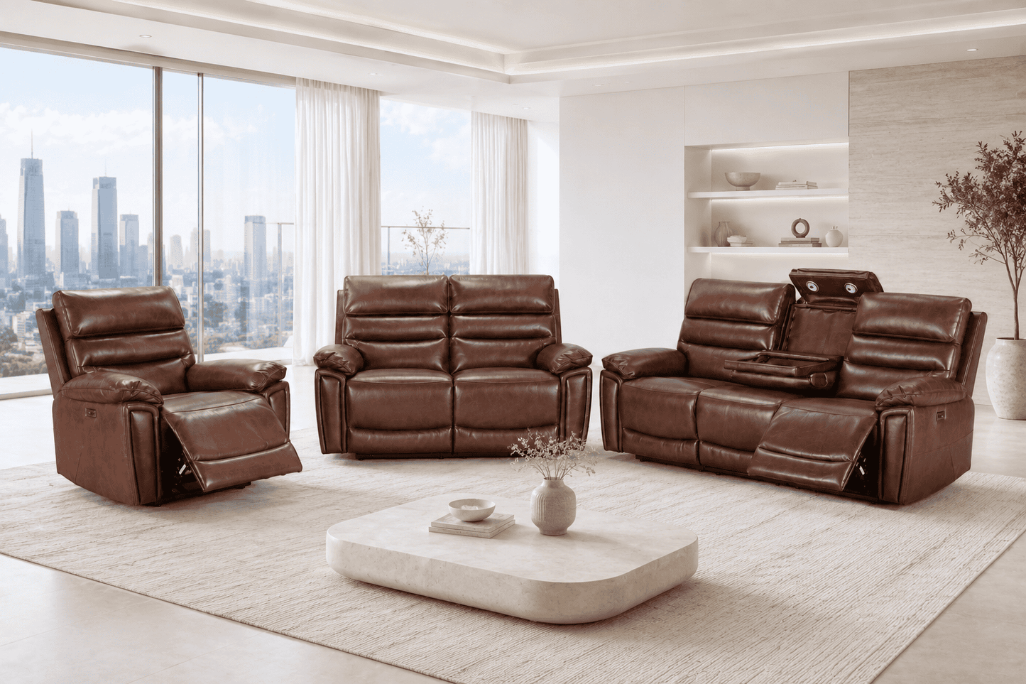Calisese Brown Leather Electric Reclining Sofa 3 Seater + 2 Seater + Armchair Set Suite With USB Charging Ports & Drop Down Tray Table