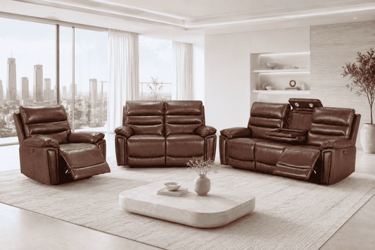 Calisese Brown Leather Electric Reclining Sofa 3 Seater + 2 Seater + Armchair Set Suite With USB Charging Ports & Drop Down Tray Table