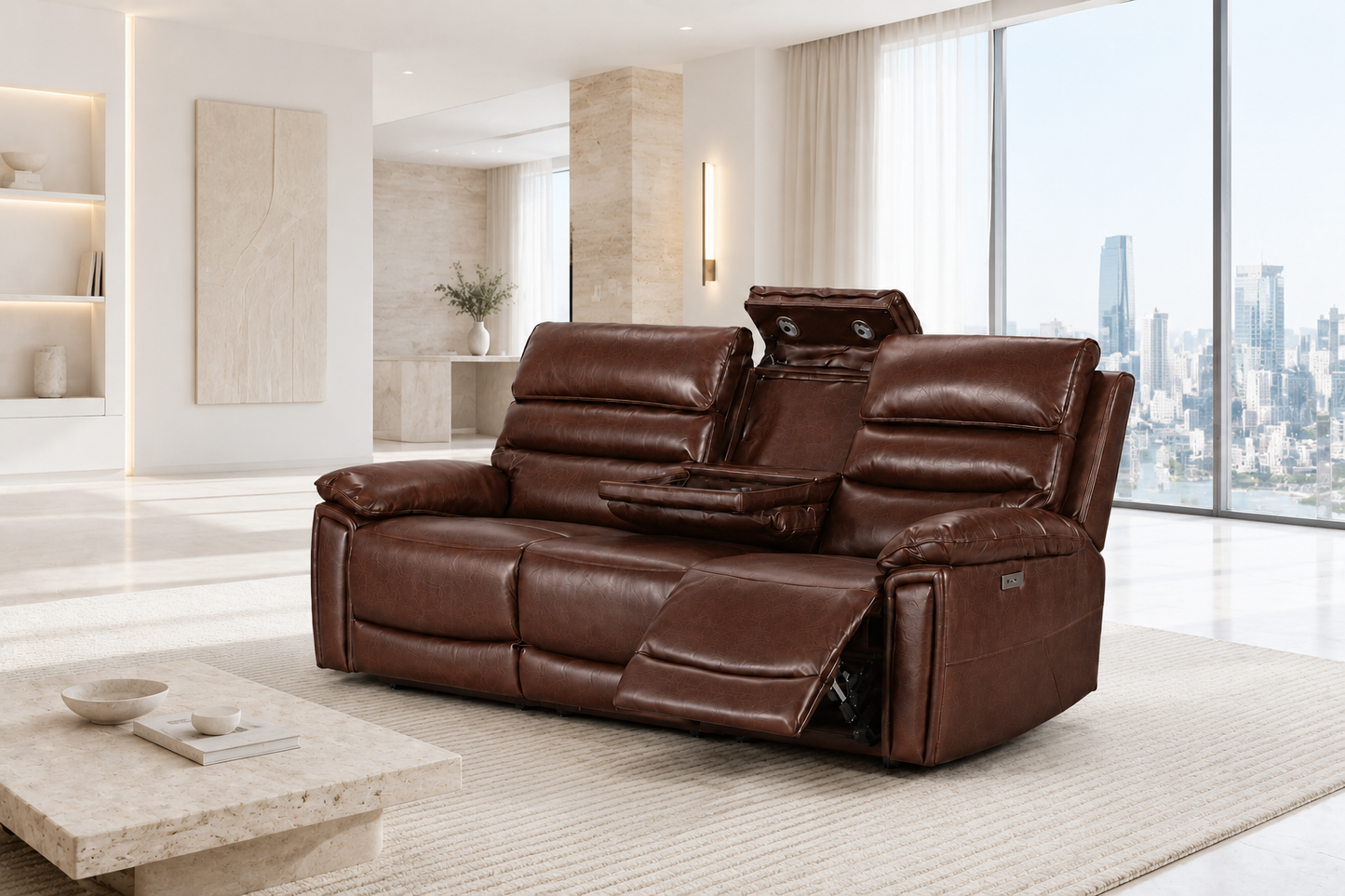 BUNDLE DEAL! Calisese Brown Leather Electric Reclining 3 Seater + 2 Seater With Drinks Console + Armchair Sofa Range Suite Set With USB Charging Ports & Drop Down Tray Table