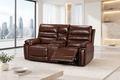 BUNDLE DEAL! Calisese Brown Leather Electric Reclining 3 Seater + 2 Seater With Drinks Console + Armchair Sofa Range Suite Set With USB Charging Ports & Drop Down Tray Table