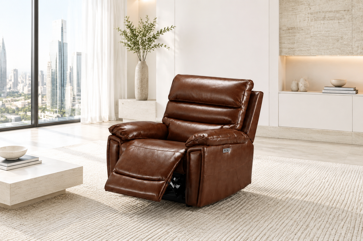 BUNDLE DEAL! Calisese Brown Leather Electric Reclining 3 Seater + 2 Seater With Drinks Console + Armchair Sofa Range Suite Set With USB Charging Ports & Drop Down Tray Table